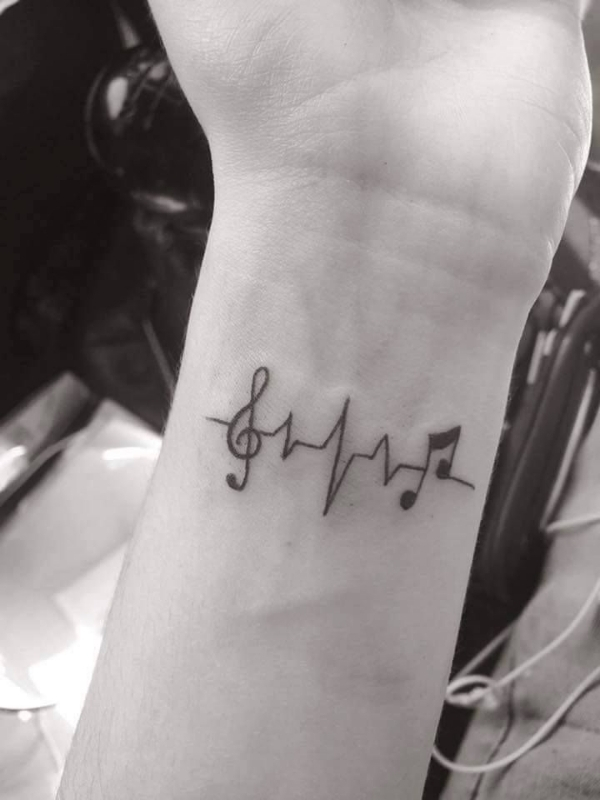 Heartbeat Tattoo with Musical Notes on Wrist