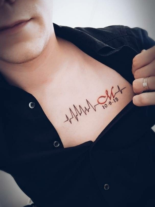 Meaningful Heartbeat Tattoo Design With Name On Chest