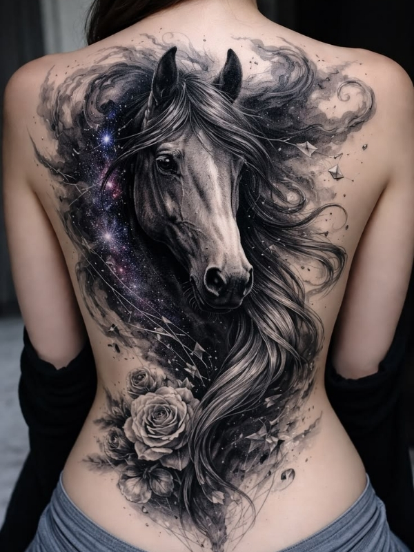 Full back horse tattoo with color gradient