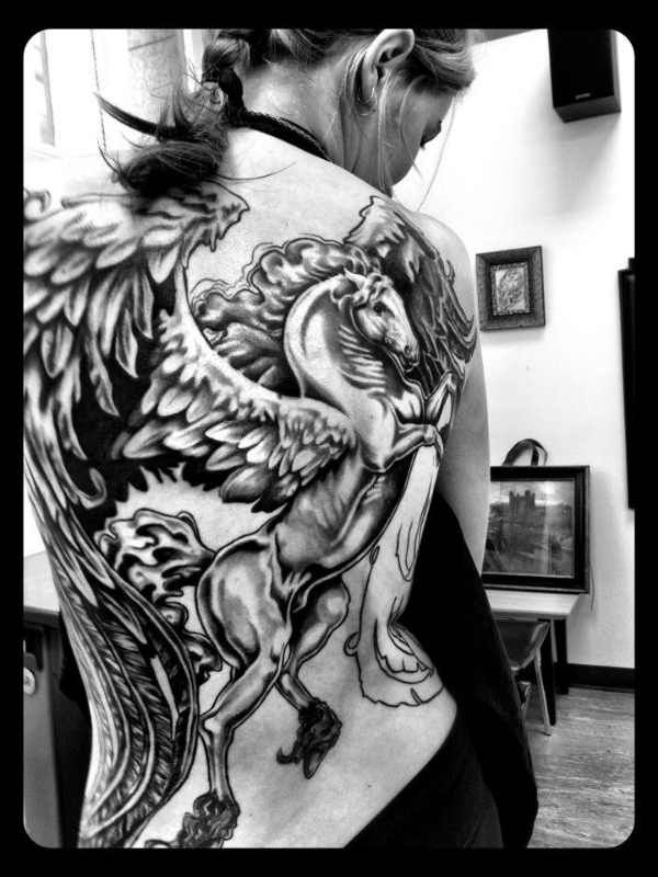 Full back winged horse tattoo