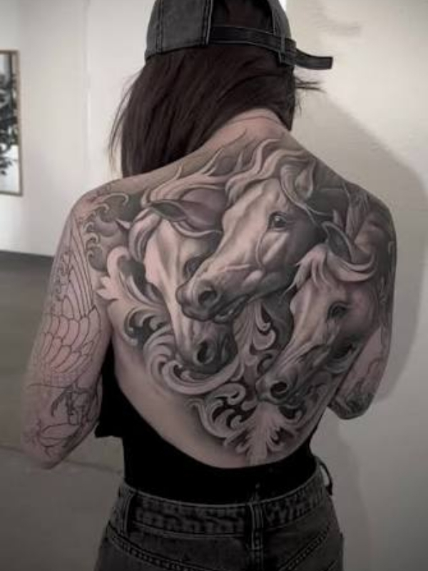 Full back horse tattoo for women