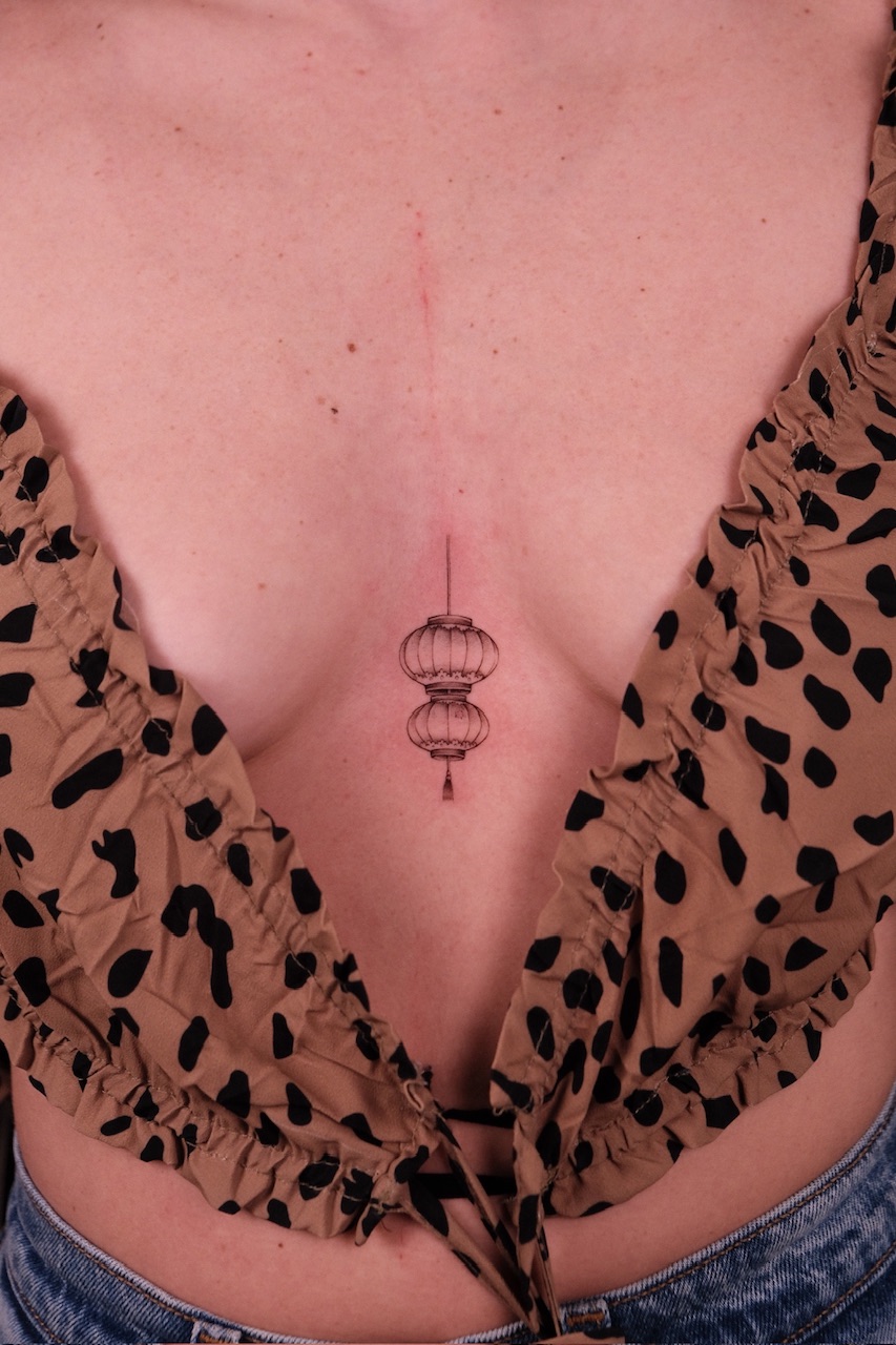 STAMP, LANTERN & HAND FAN - Postage stamp, lantern and hand fan tattoo at Sutran Tattoo Studio — design 220