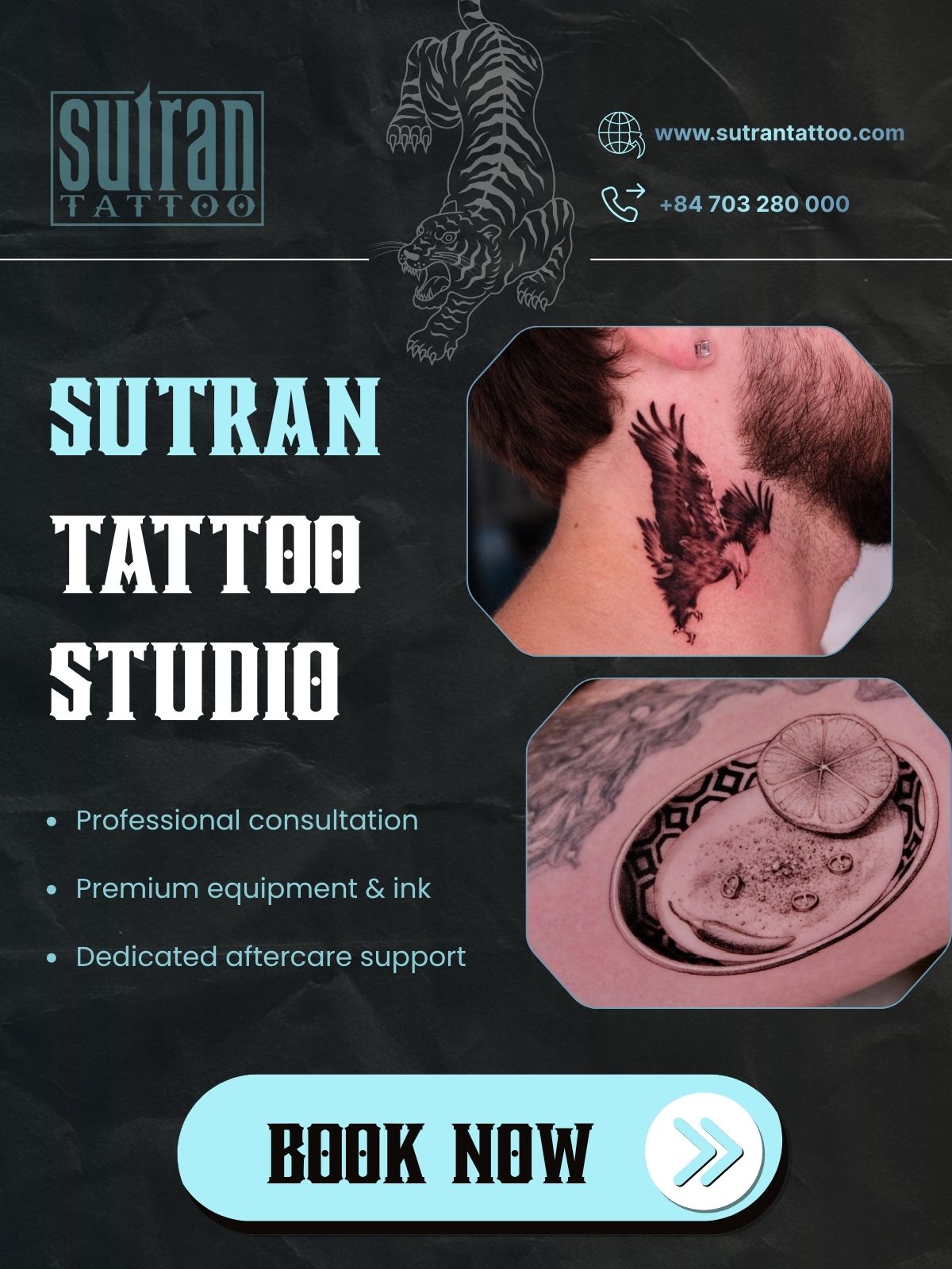 What does the premium tattoo experience at Sutran Tattoo include?