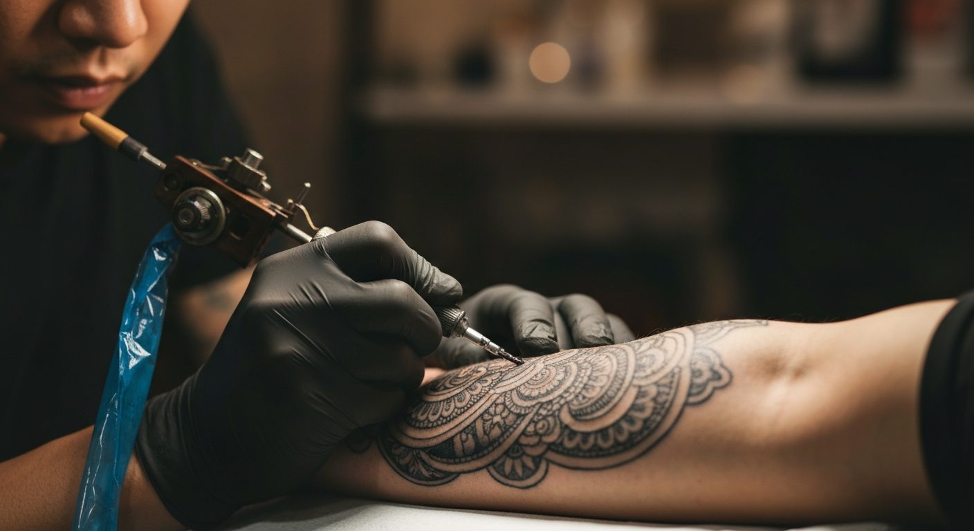 close-up tattoo needle on arm