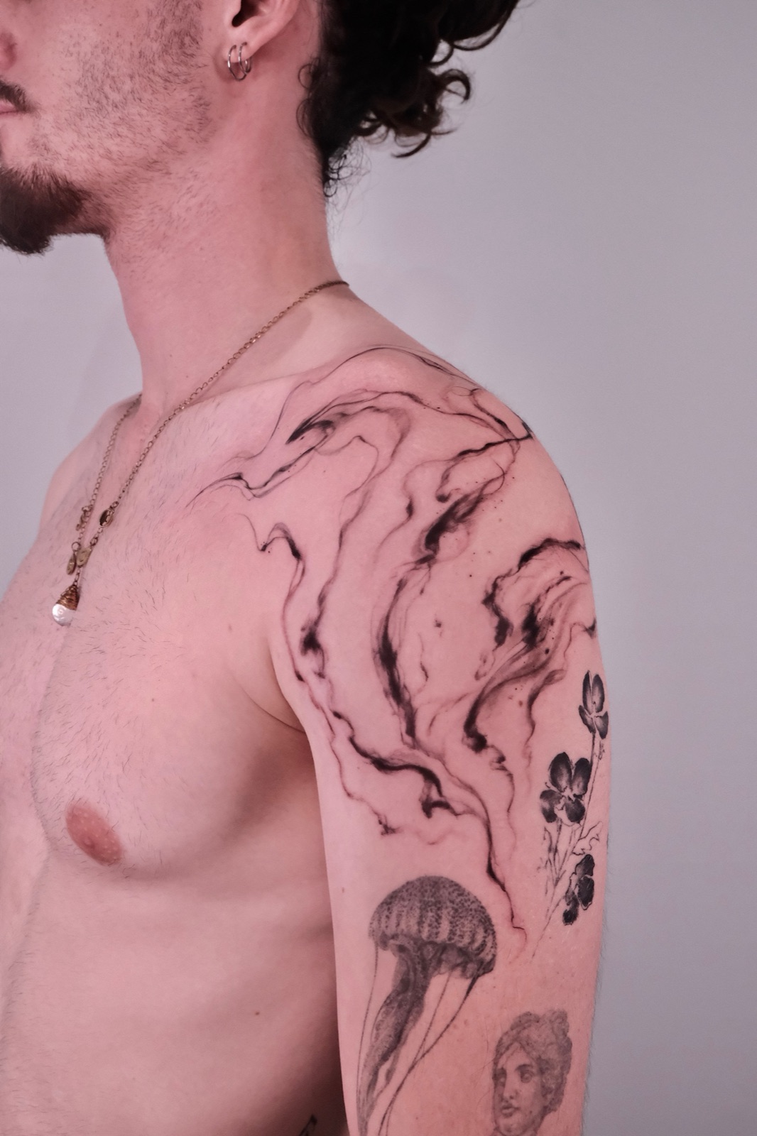 Abstract Smoke Swirl Jellyfish Tattoo Shoulder — Su Tran Tattoo