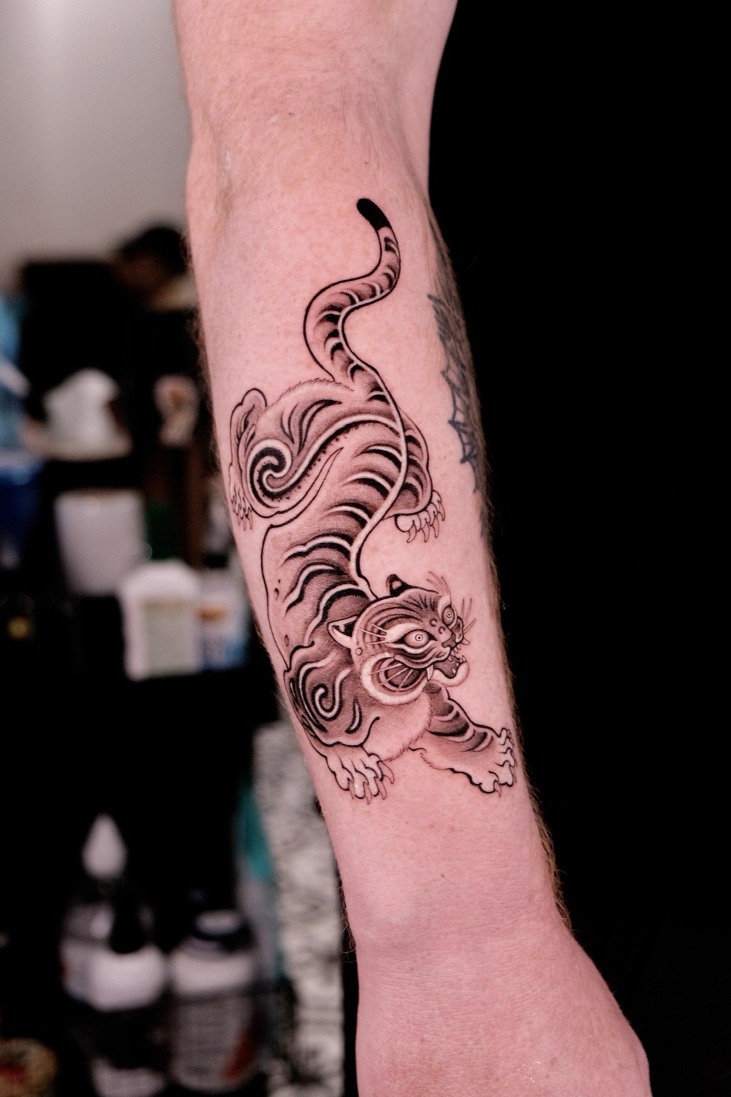 Japanese-style tiger tattoo climbing down the forearm
