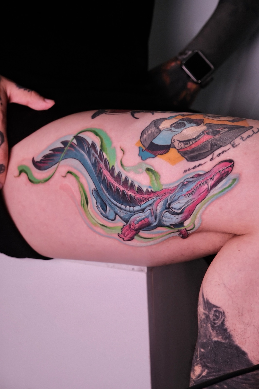 Stylized Crocodile Tattoo Thigh — Su Tran Tattoo