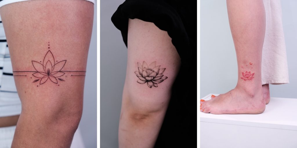 Lotus tattoo styles: a fine line lotus band, a shaded lotus and a small colour lotus