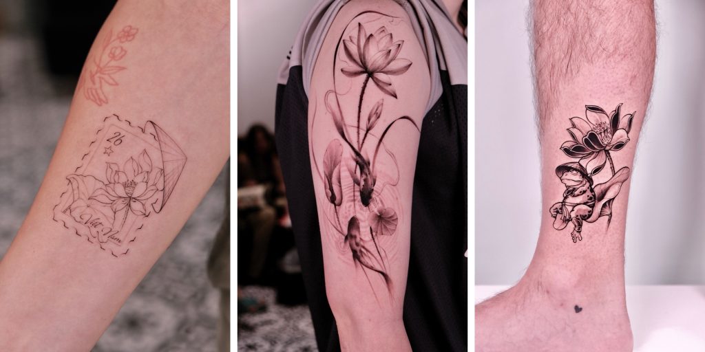 Vietnamese lotus tattoo ideas: a lotus postage stamp, an ink wash lotus with koi, and a lotus with a frog in a conical hat