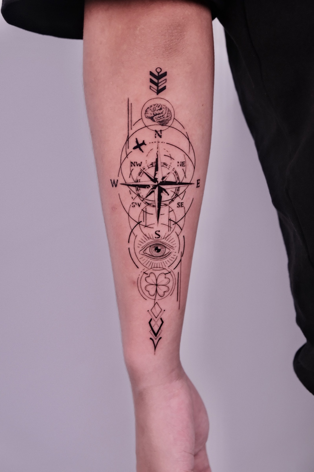 Geometric compass with arrows and an eye tattooed on the forearm